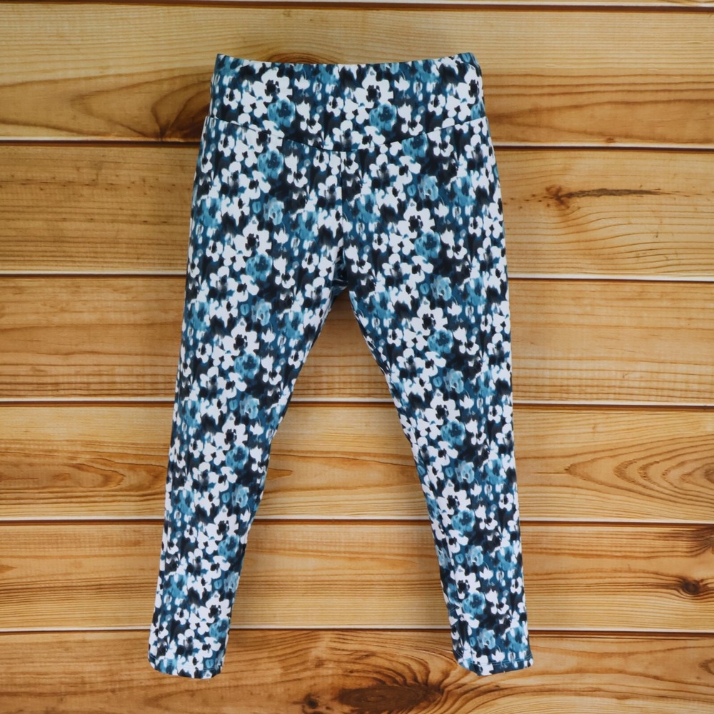 PBX Pro Activewear Capri Leggings Womens Sz M Blue‎ Floral Stretch Elastic Waist